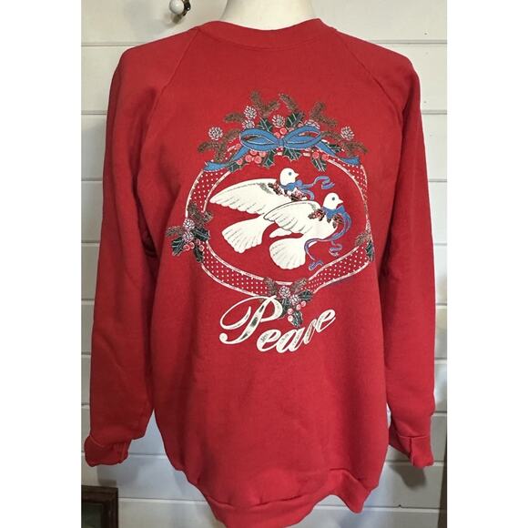 Vintage 90s Streetwear Womens Large Peace Doves Christmas Crewneck Sweatshirt - Picture 1 of 10